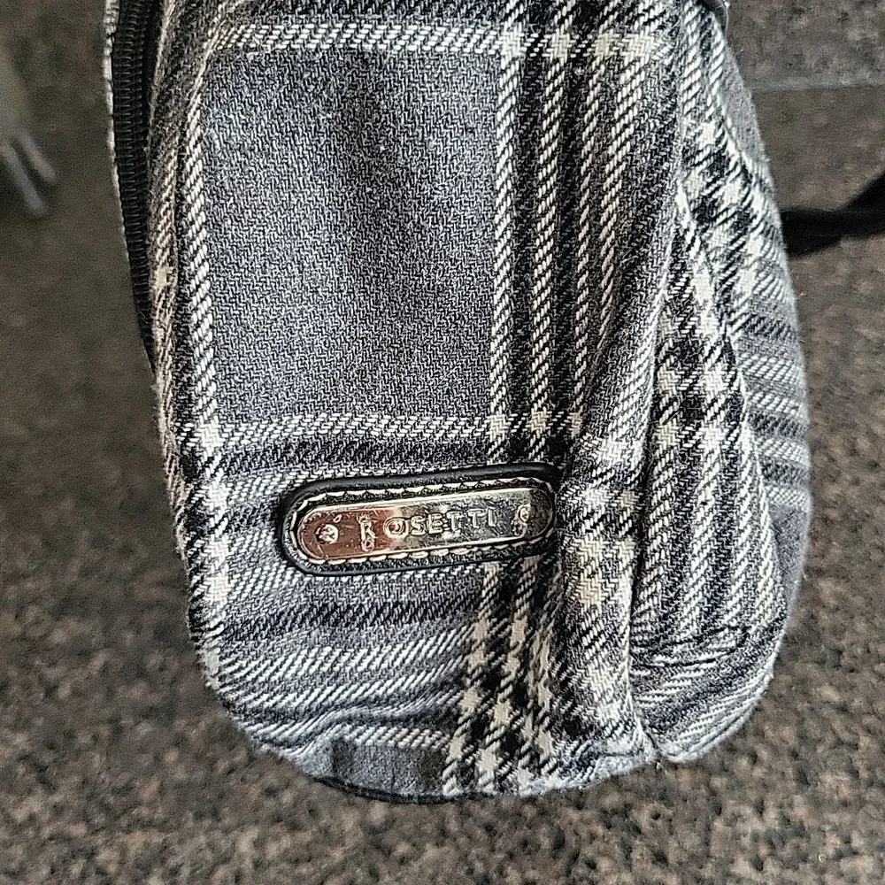 ROSETTI gray PLAID Fabric LARGE Hobo Shoulder bag Black Trim &‎ TASSELS silver